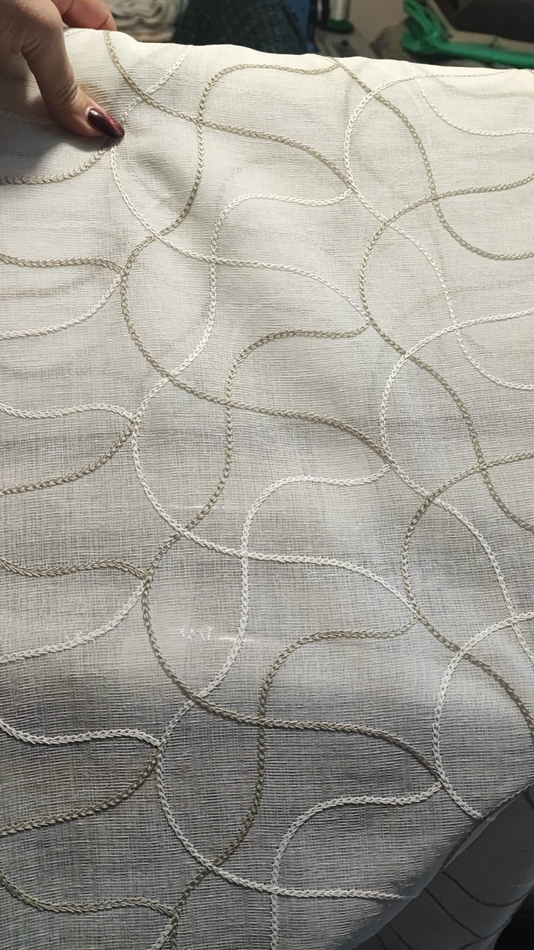 Curtain made of glass 60 cm wide with gray and white embroidery