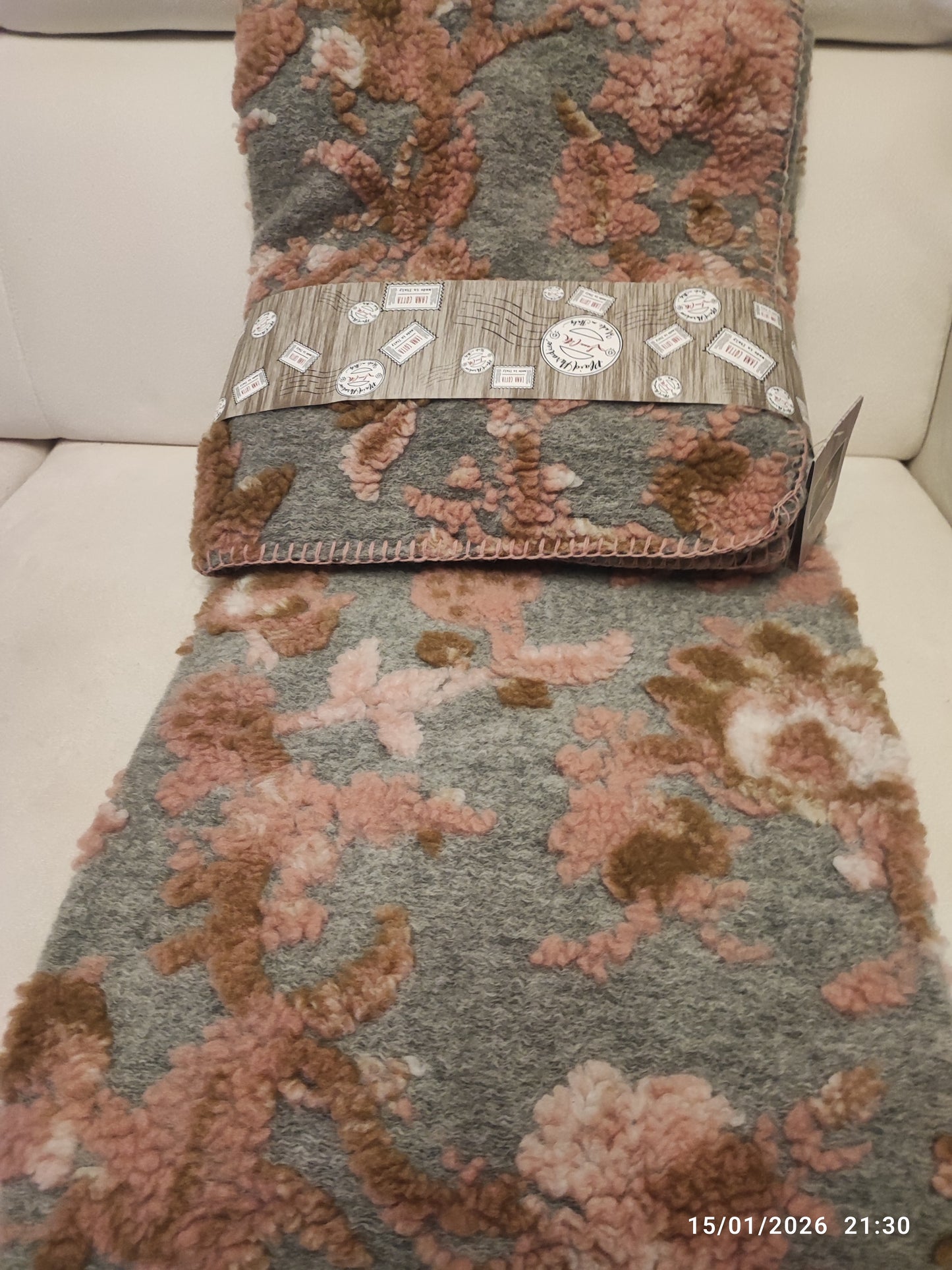 Plaid lana cotta 170x150 con fiori produzione artigianale italiana Toscana Perlatex