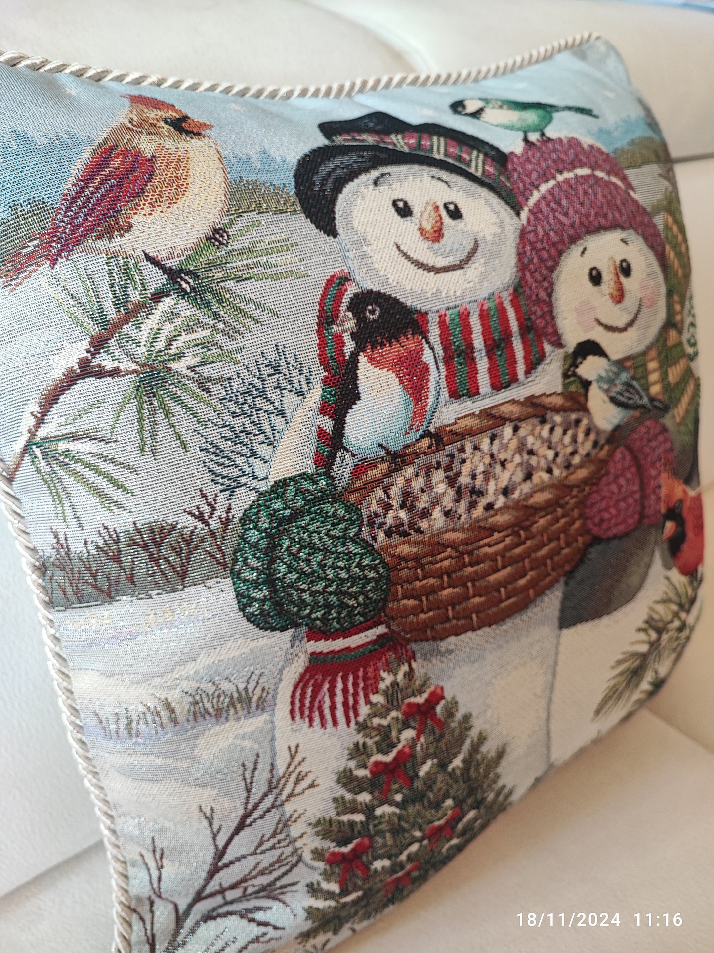Cuscino intero o   Fodera in gobelin con cordone sfoderabile Pupazzi di neve 40x40 produzione italiana