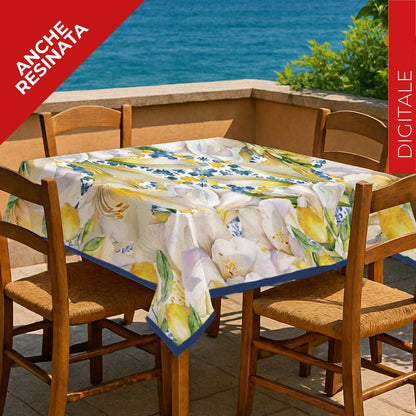 Tovaglia Sling  resinata , set americano in cotone con  tovagliolo , e runner in cotone   stampa digitale con limoni produzione italiana sghome