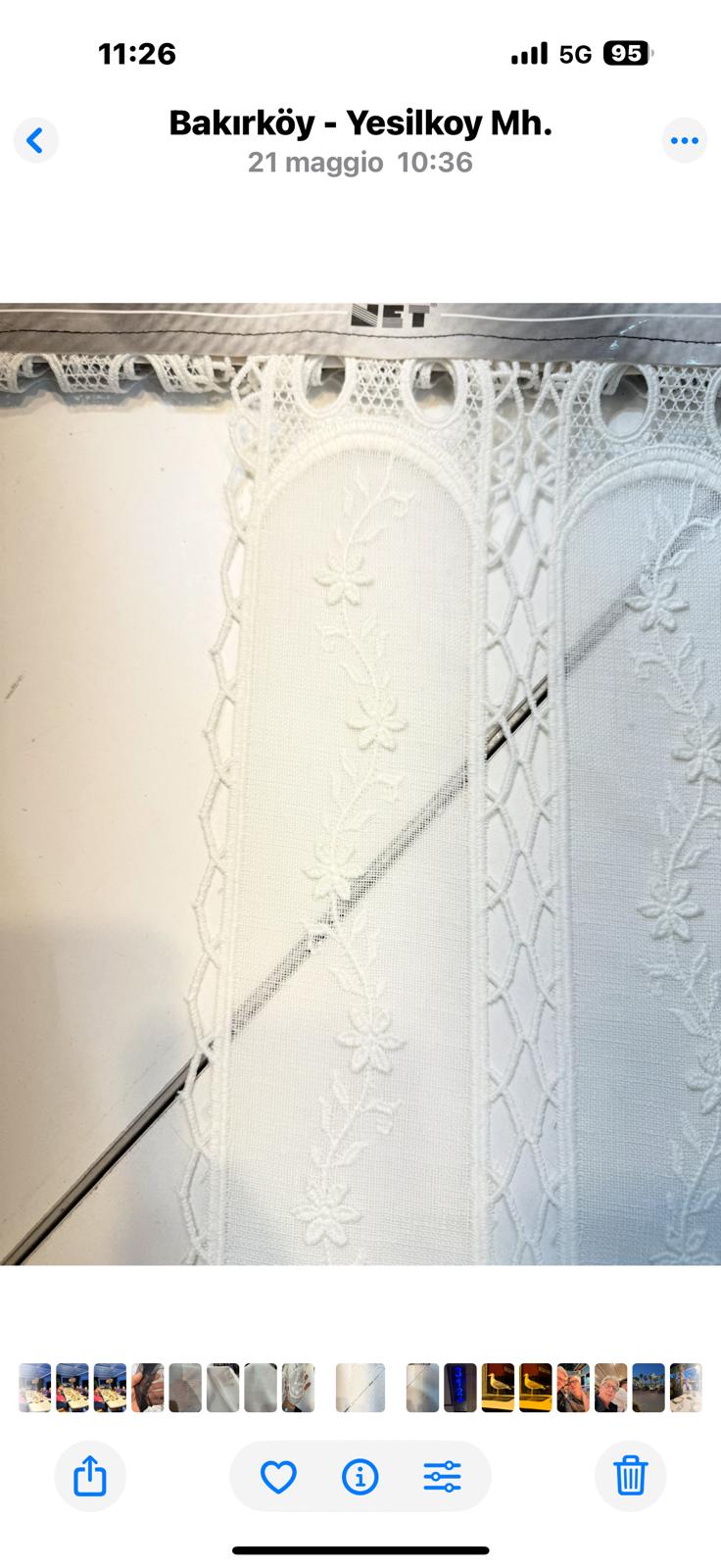 Tendina tirolese h 60 lino e macramè, ricamata in rilievo produzione italiana