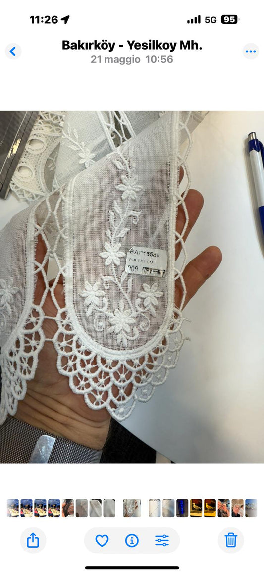 Tendina tirolese h 60 lino e macramè, ricamata in rilievo produzione italiana