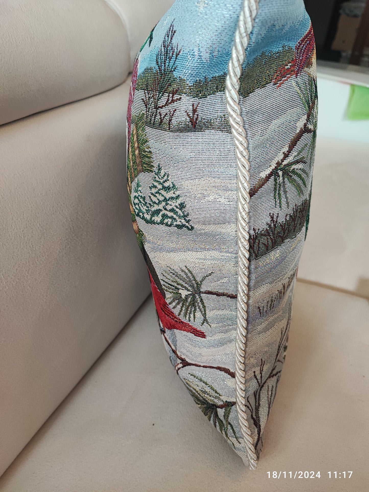 Cuscino intero o   Fodera in gobelin con cordone sfoderabile Pupazzi di neve 40x40 produzione italiana