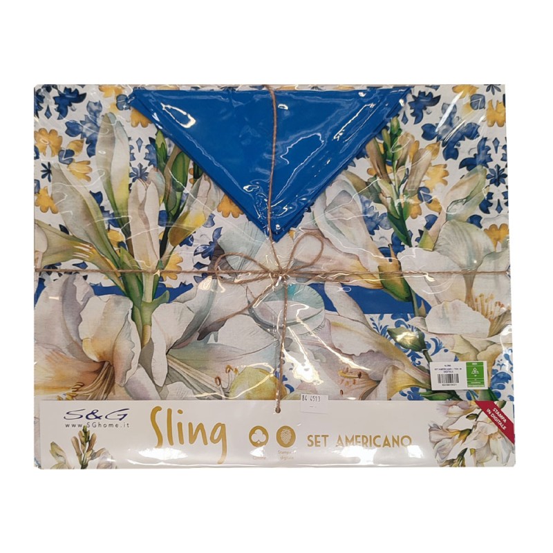 Tovaglia Sling  resinata , set americano in cotone con  tovagliolo , e runner in cotone   stampa digitale con limoni produzione italiana sghome