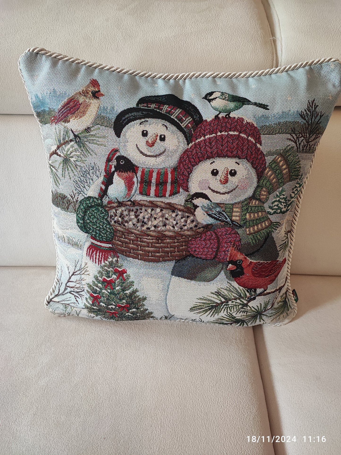 Cuscino intero o   Fodera in gobelin con cordone sfoderabile Pupazzi di neve 40x40 produzione italiana